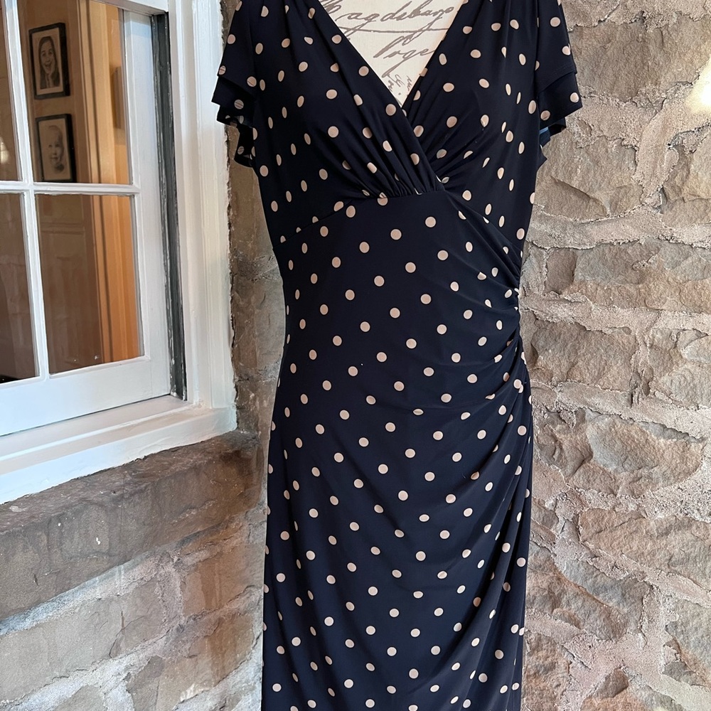EUC navy Ralph Lauren size 12  knee length Sheath Dress with Flutter Sleeves.